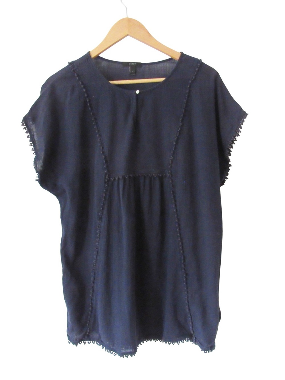 J.CREW Navy Blue Woven Cotton Blouse Small Pom Pom Trim Boho Peasant Relaxed